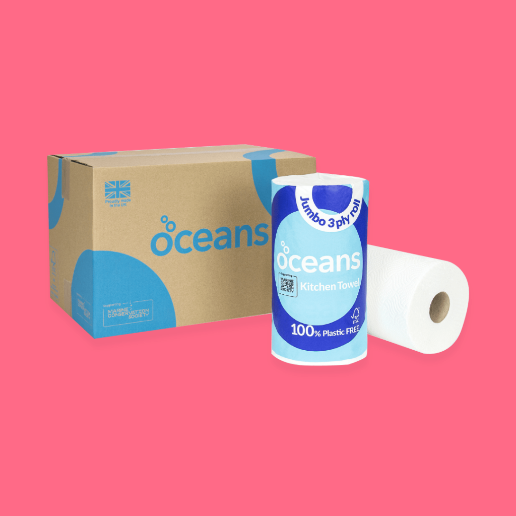 three rolls of Oceans kitchen paper towels; with packaging, with no packing, and in a delivery box