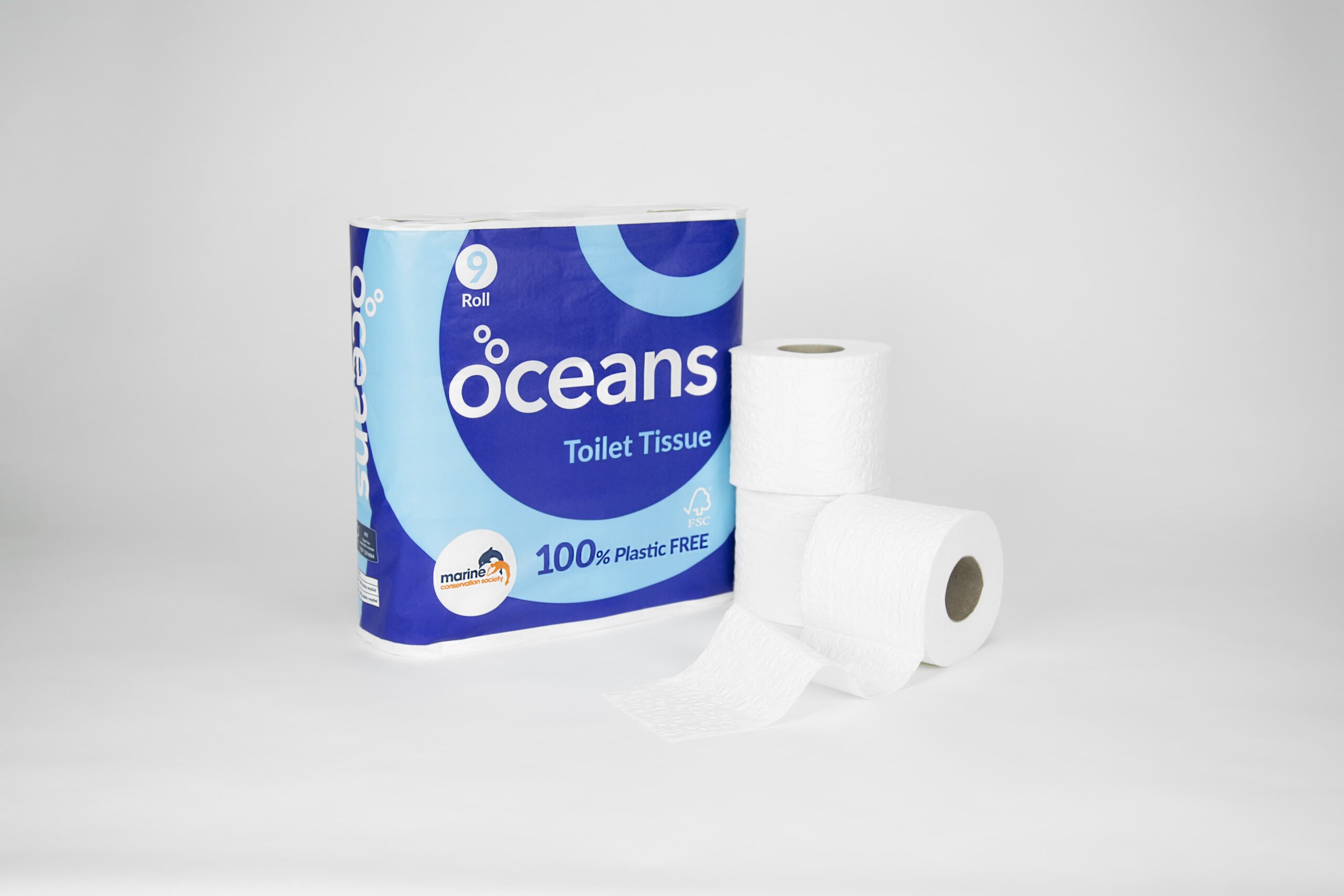 9-pack of Oceans eco toilet roll in plastic-free packaging alongside three single rolls