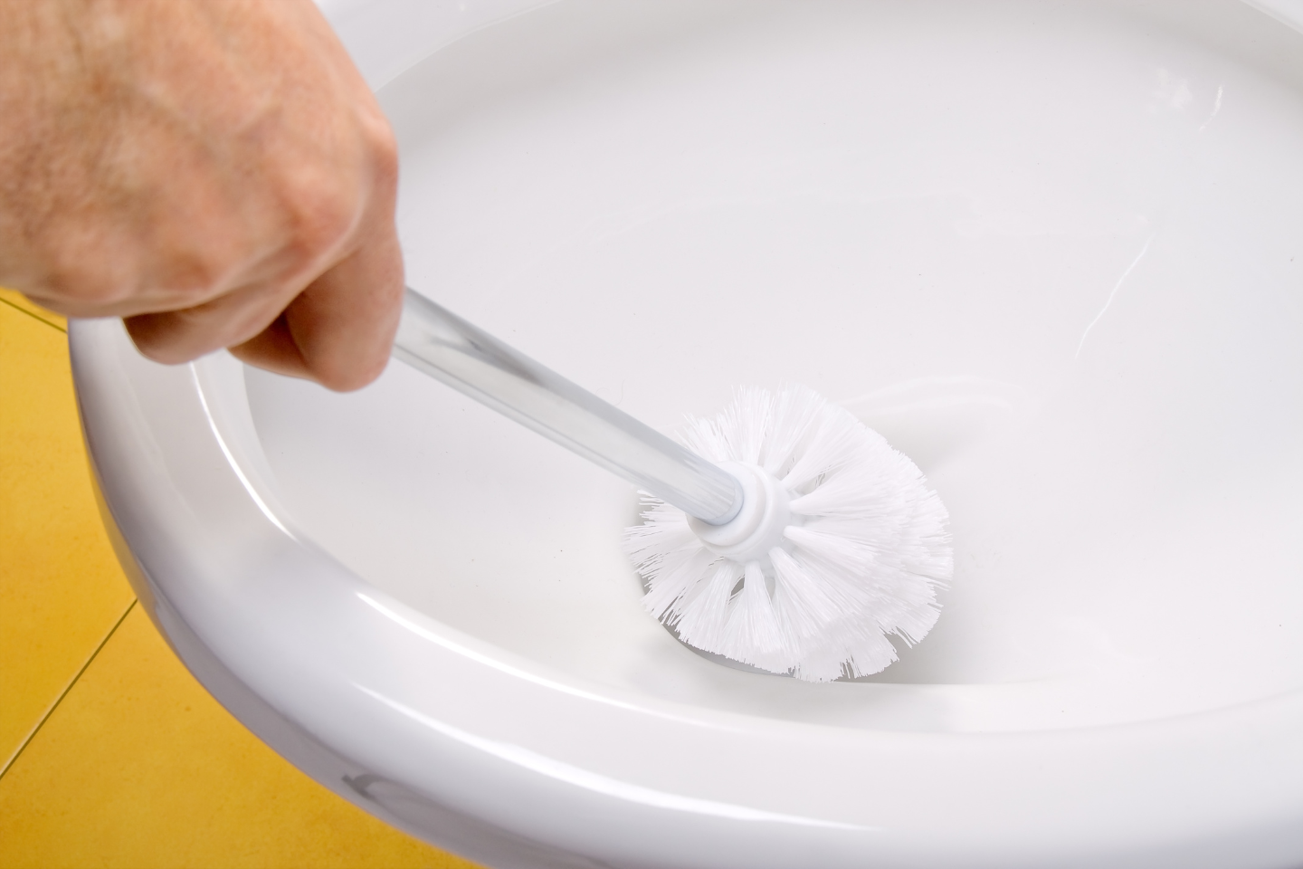 Someone cleaning a toilet bowl with a toilet brush.
