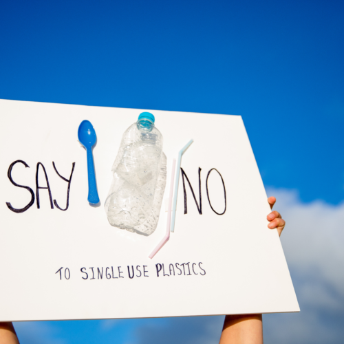 Someone holding a say no to single-use plastics banner
