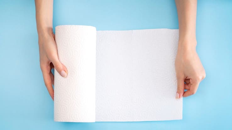 a woman tears a sheet of paper off a kitchen roll.