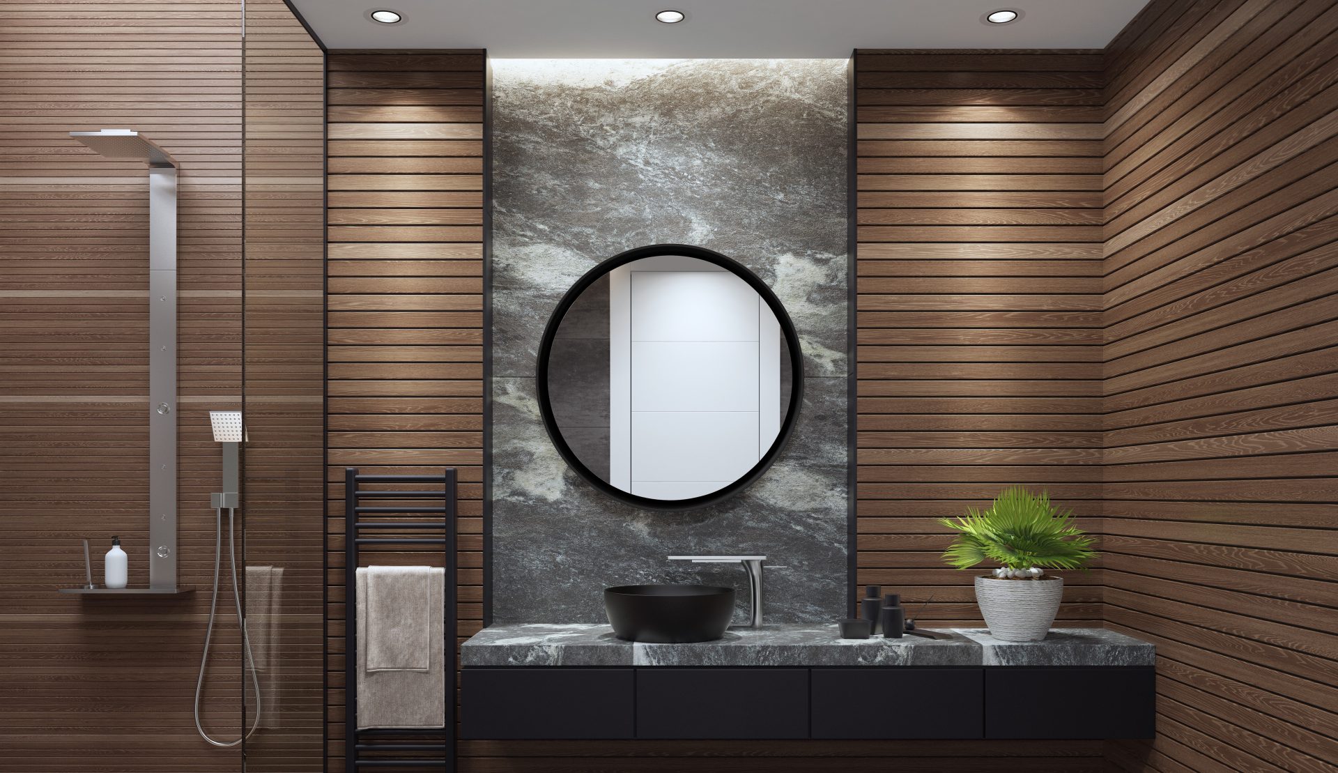 modern bathroom vanity unit in front of wood panel walls and a potted plant to the side
